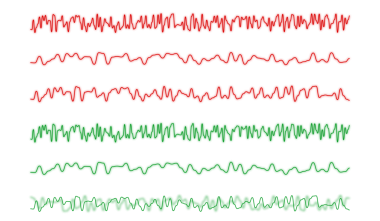 Altı zig zags kırmızı ve yeşil çizgiler n şeffaf arkaplan - güzel düz olmayan fırça yolu ile orijinal illüstrasyon - şaşırtıcı mürekkep işaretleri ayrıntıları yakın yakın çekim!