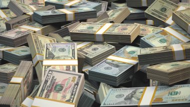 Pile of USD Money Stacked and Bundled American US Dollar Banknotes in Abundance, 3D Render