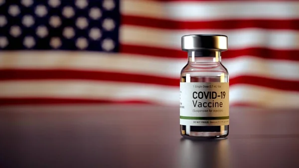 Covid Vaccine Bottle with the American Flag in the Background Corona Vaccine Ampule in front of a USA Flag