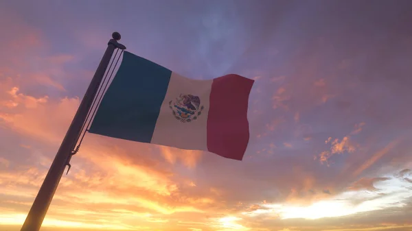 Mexico Flag on a Pole with Sunset Sunrise Sky Evening Background Mexican bandera