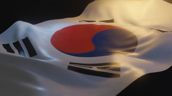 South Korea Flag Close up with Warm Lighting on Black Background 3d render