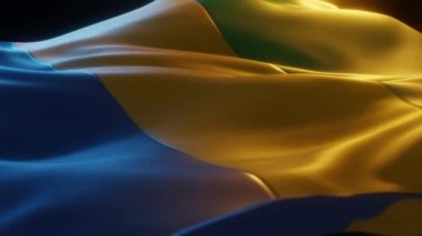 Gabon Flag, Close up, Low Side Angle with Warm Atmospheric Lighting, 3d render