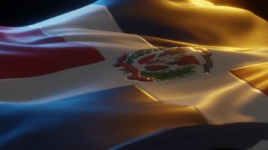 Dominican Republic Flag, Close up, Low Side Angle with Warm Atmospheric Lighting, 3d render