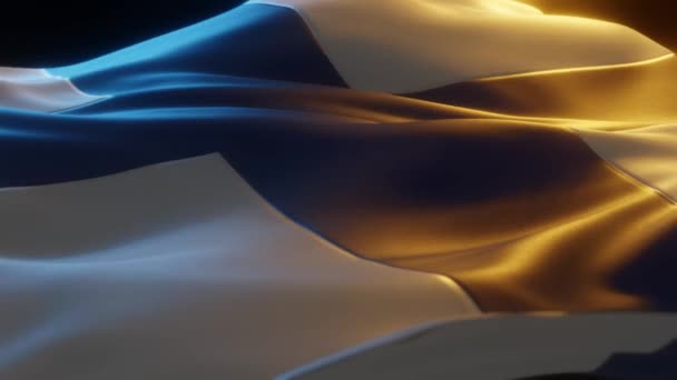 Финляндия Флаг Крупный План Низкий Угол Наклона Теплым Атмосферным Освещением — стоковое видео
