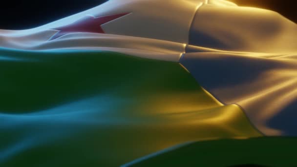 Djibouti Flag Close Low Side Angle Warm Atmospheric Lighting Render — Stockvideo