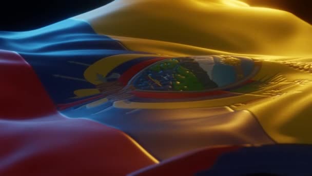 Ecuador Flag Close Low Side Angle Warm Atmospheric Lighting Render — Stockvideo