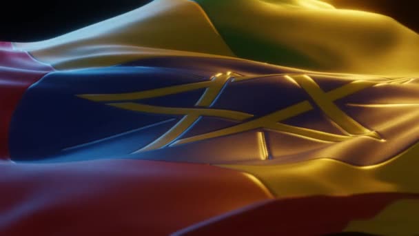 Ethiopia Flag Close Low Side Angle Warm Atmospheric Lighting Render — Stockvideo