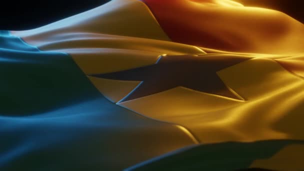 Ghana Flag Close Low Side Angle Warm Atmospheric Lighting Render — Stockvideo
