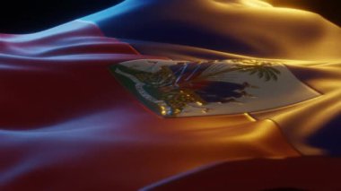 Haiti Flag, Close up, Low Side Angle with Warm Atmospheric Lighting, 3d render