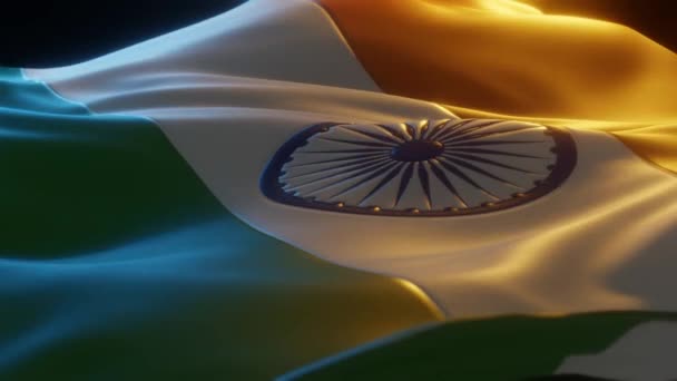 India Flag Close Low Side Angle Warm Atmospheric Lighting Render — Stockvideo