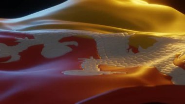 Bhutan Flag, Close up, Low Side Angle with Warm Atmospheric Lighting, 3d render