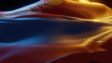 Mongolia Flag, Close up, Low Side Angle with Warm Atmospheric Lighting, 3d render