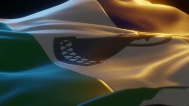 Lesotho Flag, Close up, Low Side Angle with Warm Atmospheric Lighting, 3d render