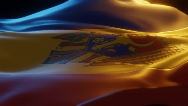 Moldova Flag Close Low Side Angle Warm Atmospheric Lighting Render — Stok video