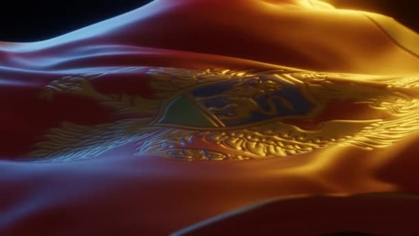 Montenegro Flag Close Low Side Angle Warm Atmospheric Lighting Render — Video Stock