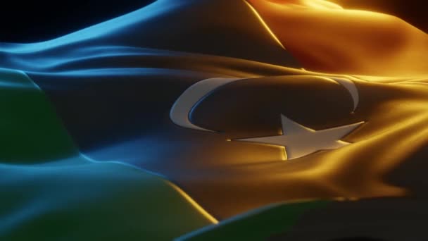 Libya Flag Close Low Side Angle Warm Atmospheric Lighting Render — Αρχείο Βίντεο