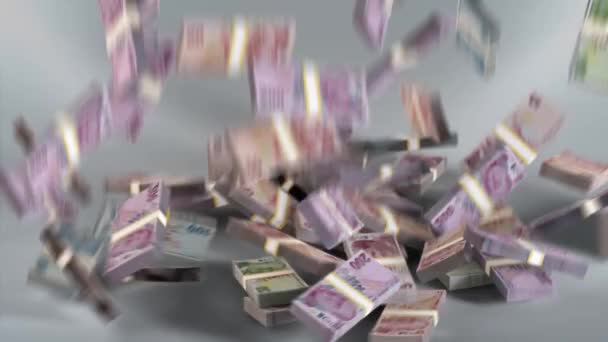 Turkey Banknotes Money Turkish Lira Currency Try Bundles Falling — Stock Video