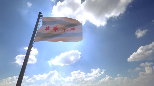 Chicago Flag (Illinois) waving on a Pole with blue sky and clouds in the background