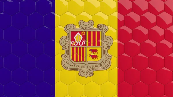 Andorra Flagga Hexagon Bakgrund Bikaka Glansiga Reflekterande Mosaik Kakel Render — Stockfoto