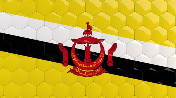 Brunei Flagga Hexagon Bakgrund Bikaka Glansiga Reflekterande Mosaik Kakel Render — Stockfoto