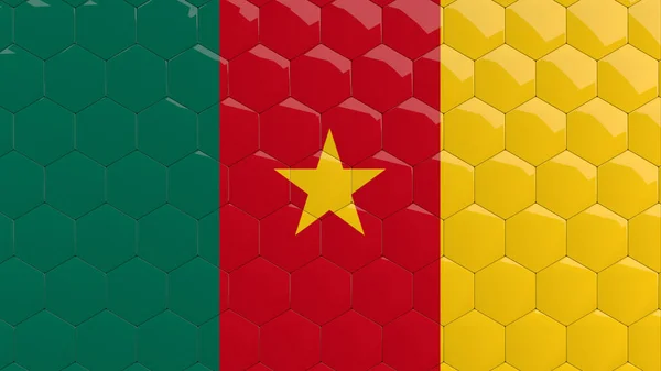 Kamerun Flagga Hexagon Bakgrund Bikaka Glansiga Reflekterande Mosaik Kakel Render — Stockfoto