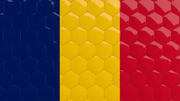 Tchad Flagga Hexagon Bakgrund Bikaka Glansiga Reflekterande Mosaik Plattor Render — Stockfoto