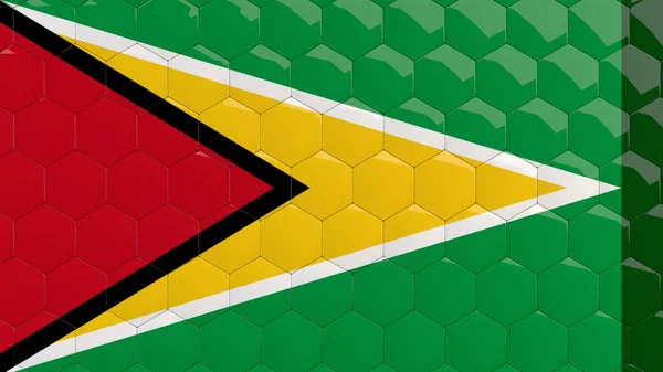 Guyana Flagga Hexagon Bakgrund Bikaka Glansiga Reflekterande Mosaik Kakel Render — Stockfoto