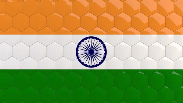 インド国旗ヘキサゴン背景インド国旗ハニカム光沢のある反射モザイクタイル3Dレンダリング Hindustan — ストック写真