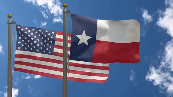 Texas Eyalet Bayrağı ile birlikte ABD, Amerikan Bayrağı, yakın plan mavi bulutlu gökyüzü, 3D Render