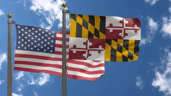 Maryland State Flag Und American Flag Usa Nahaufnahme Frontal Auf Stockfoto