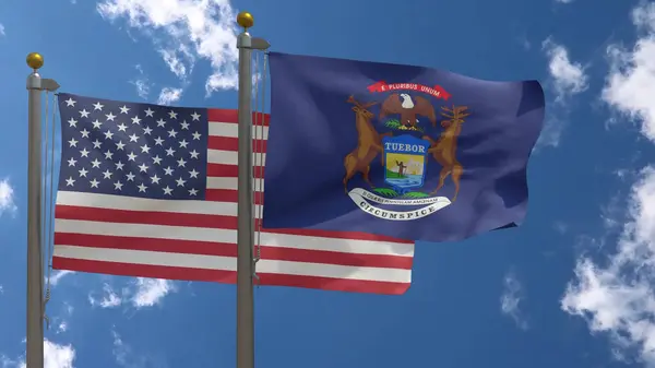 Michigan State Flag Zusammen Mit American Flag Usa Nahaufnahme Frontal lizenzfreie Stockbilder