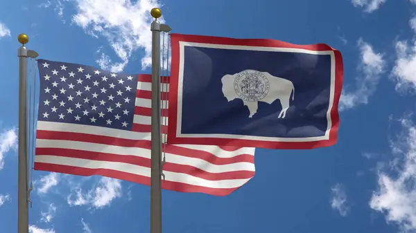 Wyoming State Flag Und American Flag Usa Nahaufnahme Frontal Auf Stockbild