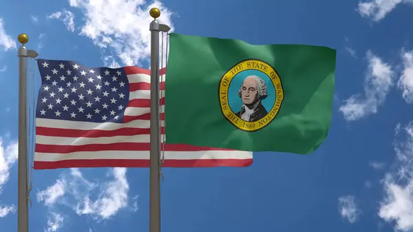Washington State Flag Und American Flag Usa Nahaufnahme Frontal Auf Stockbild