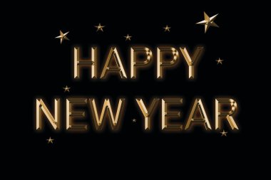 Mutlu yıllar. Altın 3D ve parlak efektli yıldızlar siyah ve zarif bir arkaplanda. Tişört baskısı. Güzel bir tebrik kartı. Siyah arkaplanı olan altın renkli metin yıldızları..