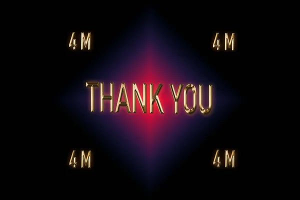 4个M个追随者谢谢你的支持 3D渲染 深黑色背景的金字效果 红色和蓝色的结合 庆祝订户 — 图库照片