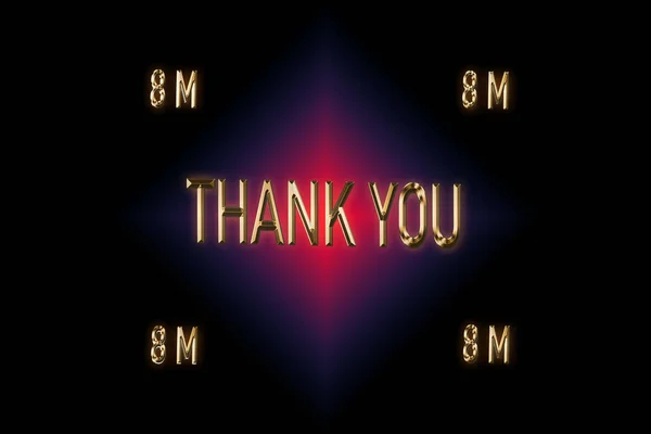 8M个追随者 谢谢你的支持 3D渲染 深黑色背景的金字效果 红色和蓝色的结合 庆祝订户 — 图库照片