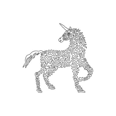 Single curly one line drawing of  legendary creature abstract art. Continuous line draw graphic design vector illustration of strong and splendid unicorn for icon, symbol, company logo, wall decor, boho poster