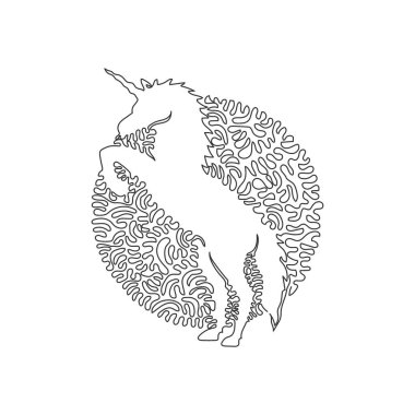 Single curly one line drawing of  legendary creature abstract art. Continuous line draw graphic design vector illustration of strong and splendid unicorn for icon, symbol, company logo, wall decor, boho poster