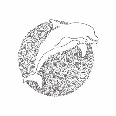 Continuous one curve line drawing of adorable dolphin abstract art in circle. Single line editable stroke vector illustration of dolphin jumping  for logo, wall decor and poster print decoration