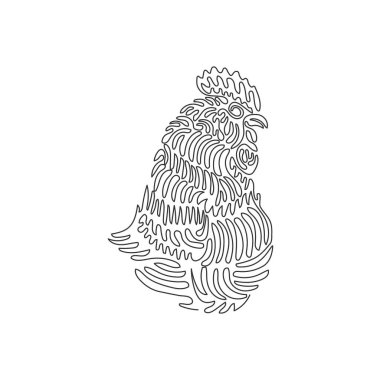 Single curly one line drawing of cute rooster abstract art. Continuous line draw graphic design vector illustration of adorable pet rooster for icon, symbol, company logo, boho print art,  boho poster