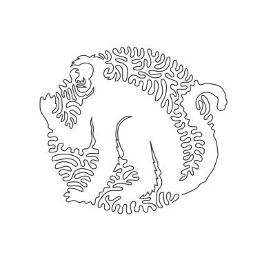 Single one line drawing of cute monkey sitting abstract art. Continuous line draw graphic design vector illustration of monkeys are highly social omnivores for icon, symbol, logo, boho poster 