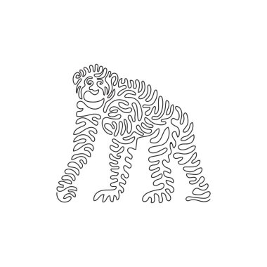 Single one curly line drawing of cute chimpanzee abstract art. Continuous line draw graphic design vector illustration of chimpanzees are agile animals for icon, symbol, logo, and pet lover club