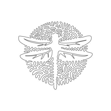Single swirl continuous line drawing. Dragonfly has two pairs strong wings. Continuous line drawing graphic design vector illustration style of predatory insects for icon, sign, boho wall art