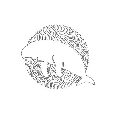 Continuous one curve line drawing of cute dugong abstract art in circle. Single line editable stroke vector illustration of dugong with a torpedo-shaped body for logo, wall decor, boho poster