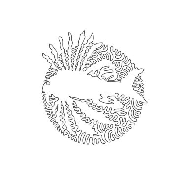 Continuous curve one line drawing of dangerous lionfish abstract art in circle. Single line editable stroke vector illustration of lionfish fin poison for logo, wall decor and poster print decoration