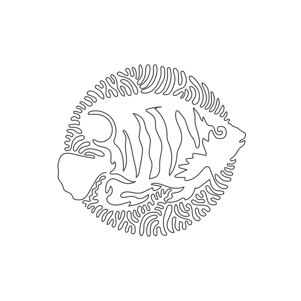 Continuous One Curve Line Drawing Aggressive Fish Abstract Art Circle - Stok Vektor