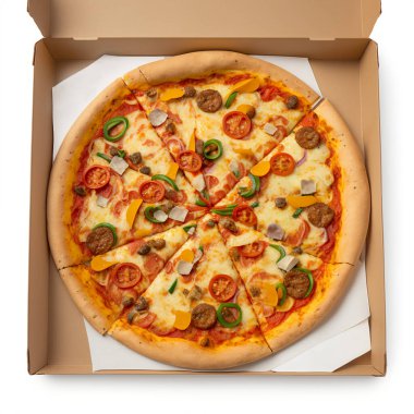 Pizza capricciosa in a cardboard, square photo