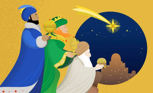 Epiphany Viering Platte Vector Illustratie Drie Wijzen Magi Drie Koningen — Stockvector