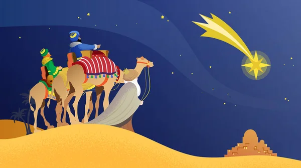 Троє Мудреців Маґі Три Королі Мелхіор Каспар Бальтазар Верблюдами Пустелі — стоковий вектор