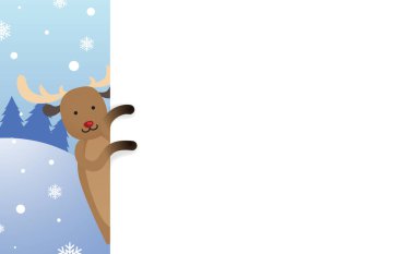 Ren geyiği Rudolph 'un elinde boş bir işaret şablonu çizimi var. Noel beyaz reklam panosu şablonu.
